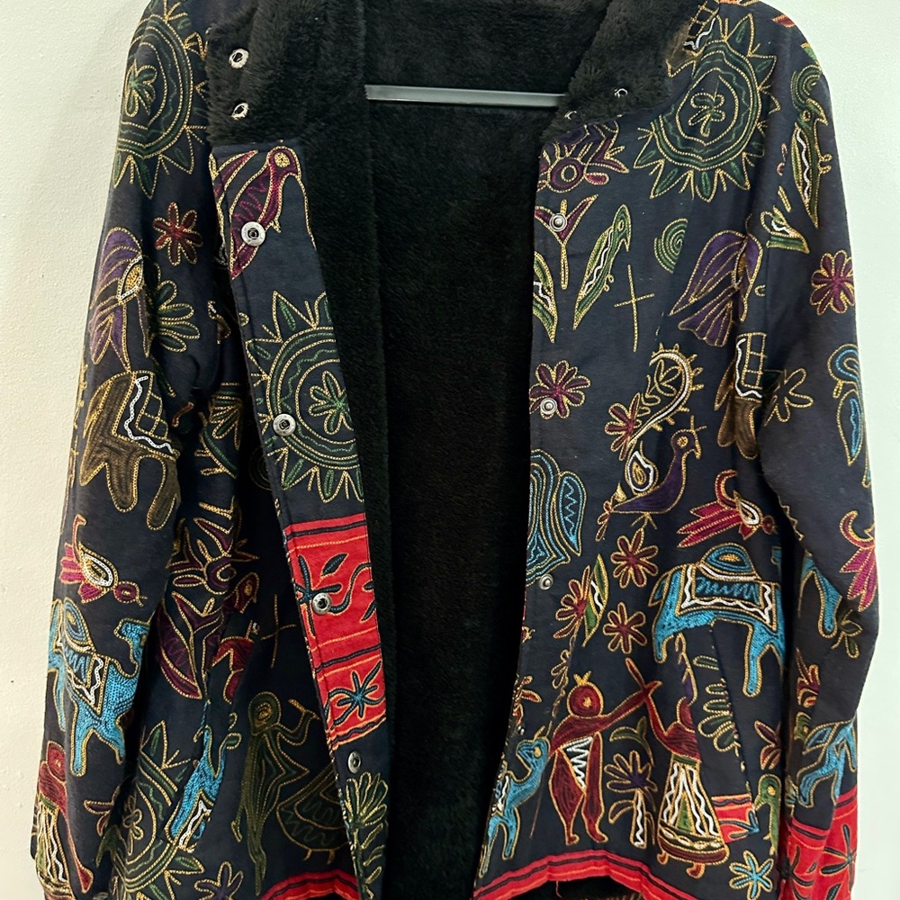 Fleece lined Black Boho Jacket with Colorful Folk Motifs
